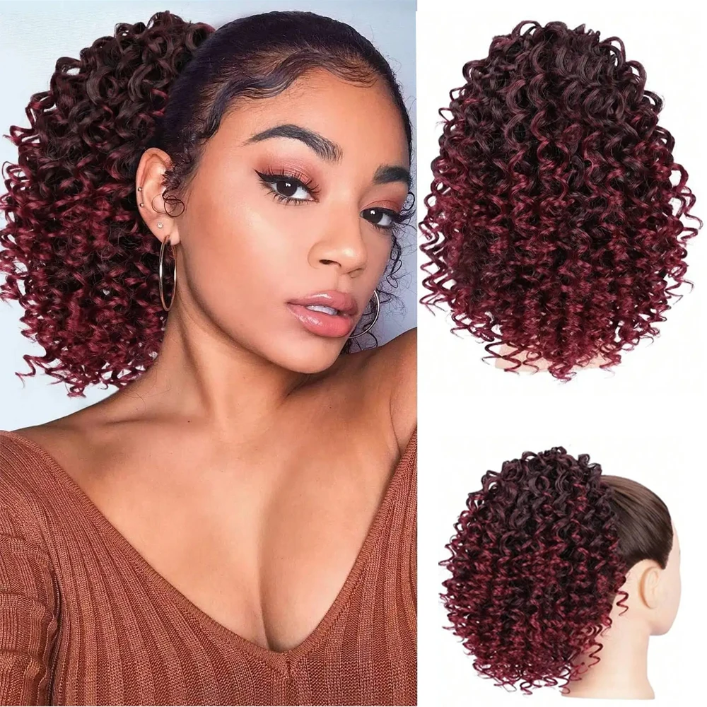 

Short Kinky Curly Ponytail Extensions Clip In Hairpieces Women 10 Inch Drawstring Ponytails Ombre Synthetic Curly Ponytail Hair