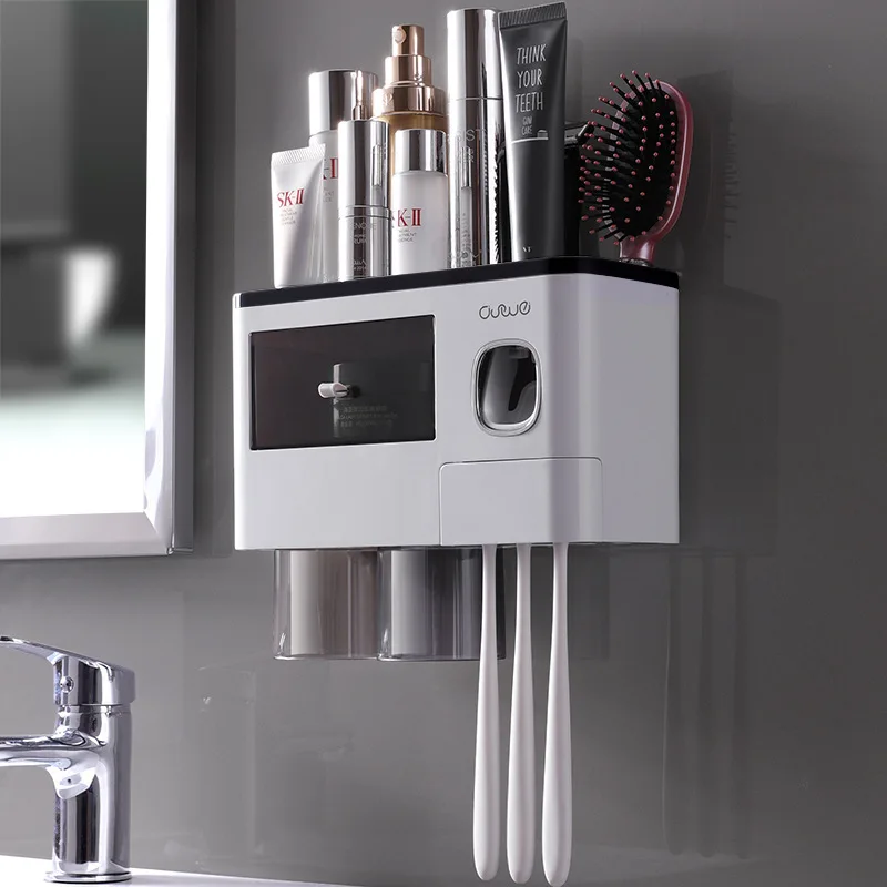 3 Cups Toothbrush Holder Wall Mounted Toothbrush Holders for Bathrooms with Large Capacity Drawer and Tray shelf organizer