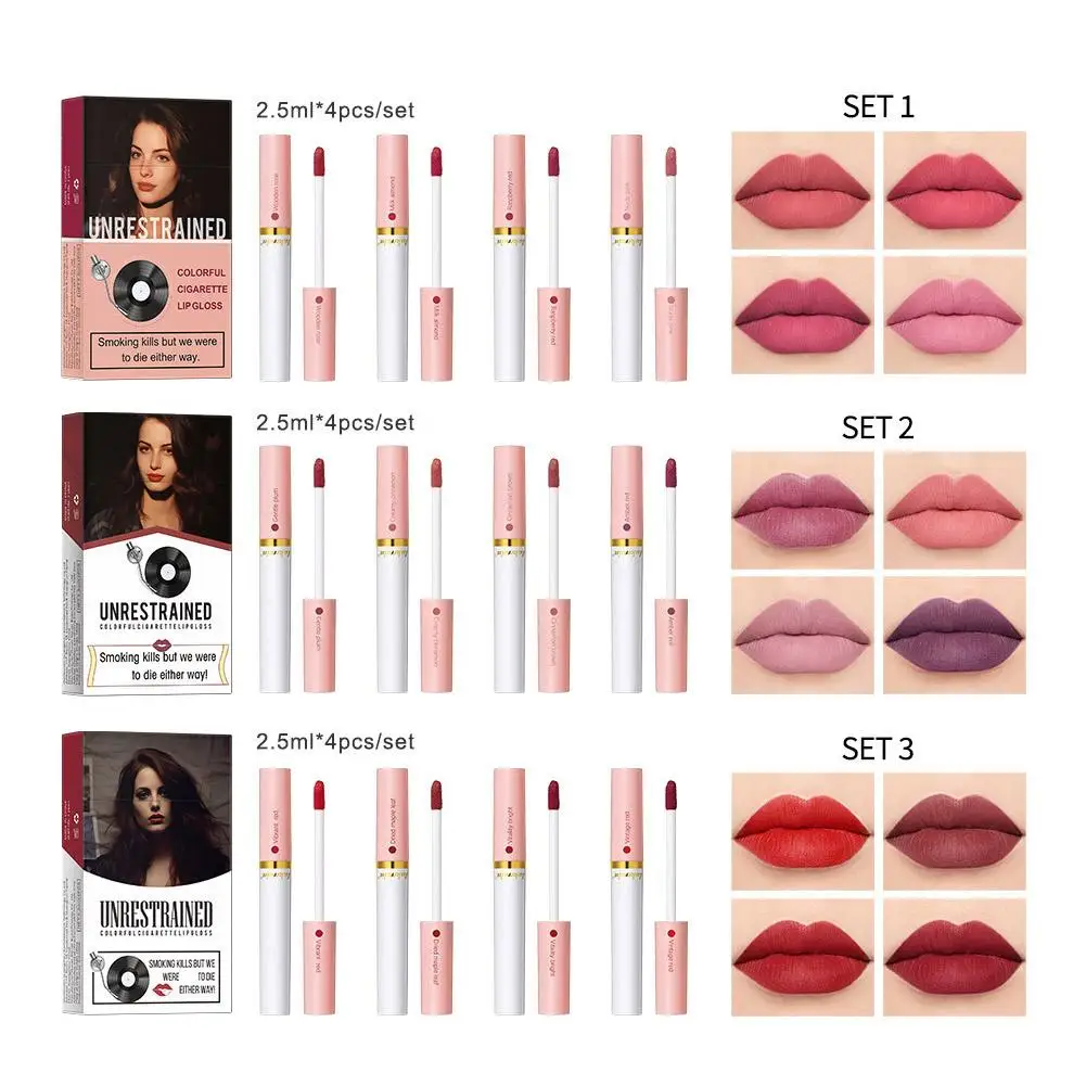 Criativo Cigarro Batom, Brilho labial fosco, esmalte labial de longa duração, impermeável Lip Stick Tube, Nude Red Lip Tint Make, 4 pcs por conjunto