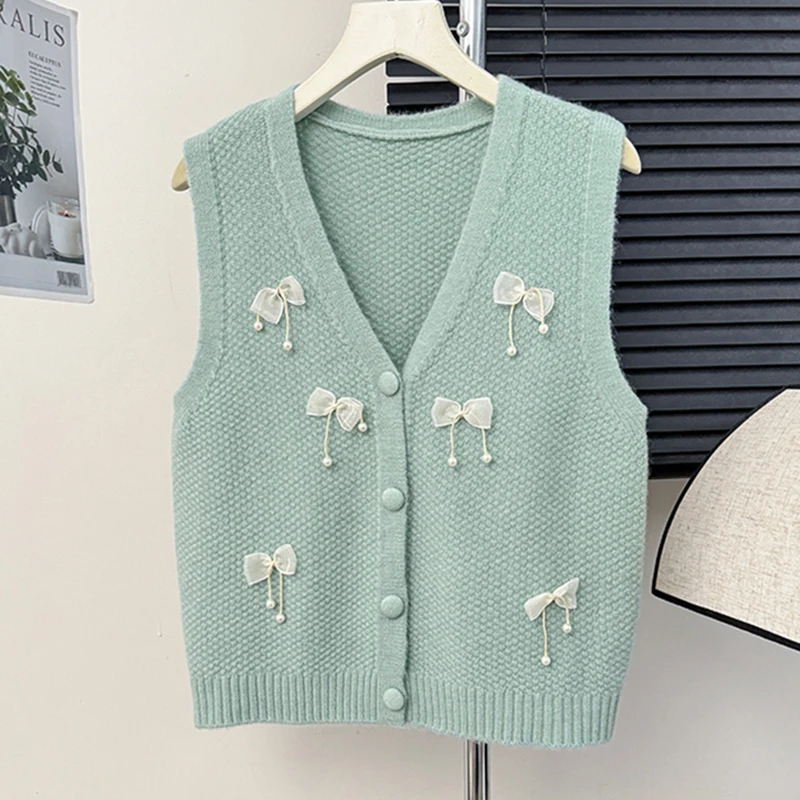 HELIAR Women Single-breasted Cardigan Bowknot Sweet Sweater Vest Sleeveless Knitted Vest Casual Office Waistcoat Autumn Winter