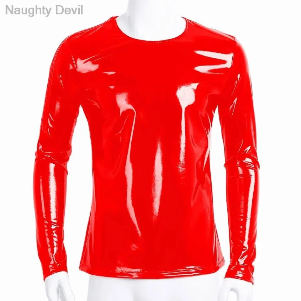 Mens Sexy Glossy PVC Leather Long Sleeve Shirt Erotic Shaping Latex Casual Coat Male Shiny Metallic Patent Leather for man