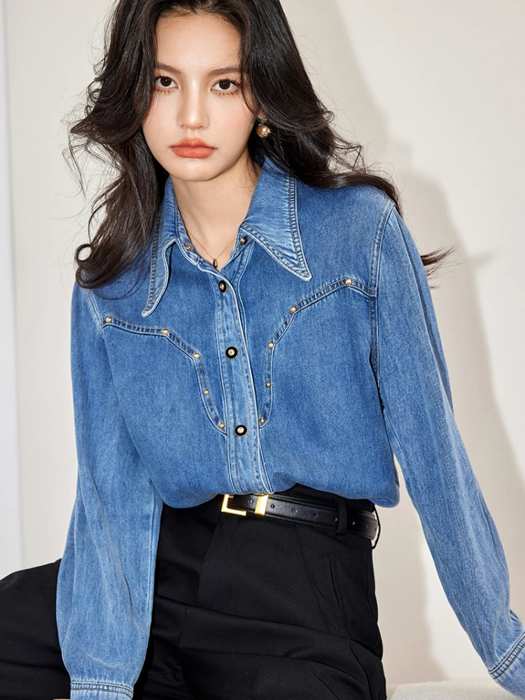 

Spring Autumn Versatile Loose Fitting Long Sleeved Denim Shirt Jacket Women Vintage Elegant Rivet Blue Button Blouse Tops A3180