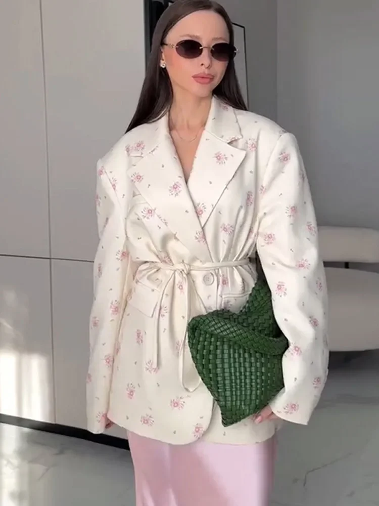 Trendy Womens Flower Printed Blazer Waist-Closed Turn-Down Collar Lace Up Lady Top 2025 Spring Summer Elagant Female Outwear