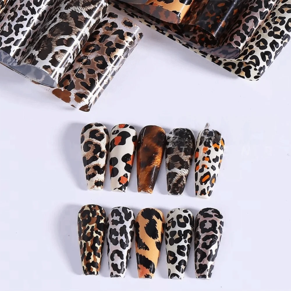 10Pcs/Box Leopard Print Transfer Nail Foils Sticker DIY 4x100cm Nail Stickers Animal Pattern Nail Art Transfer Paper