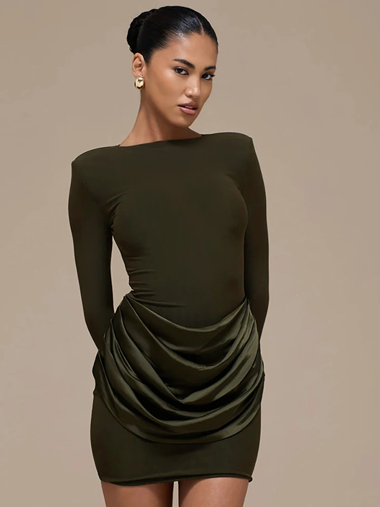 فستان JULISSA MO قصير من الساتان بأكمام طويلة مرقع للنساء بني برقبة دائرية وخصر عالي فستان شتوي نحيف أنيق للحفلات والنوادي #3