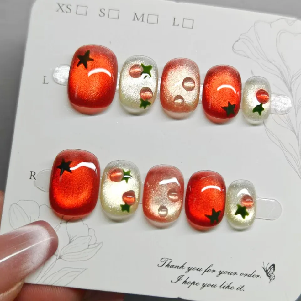 10 piezas de uñas postizas cortas ovaladas rojas festivas con diseño de tomate lindo, acabado brillante, set de arte de uñas para mujeres y niñas 3