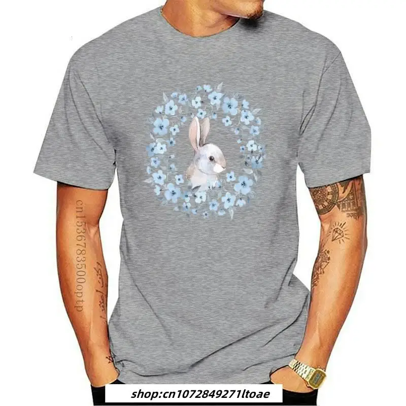 

Mens Clothing Cute Rabbit And Floral Wreath Light Blue Watercolor T-Shirt Summer Women Short Sleeve Bunny Lovers Casual Tees Gi