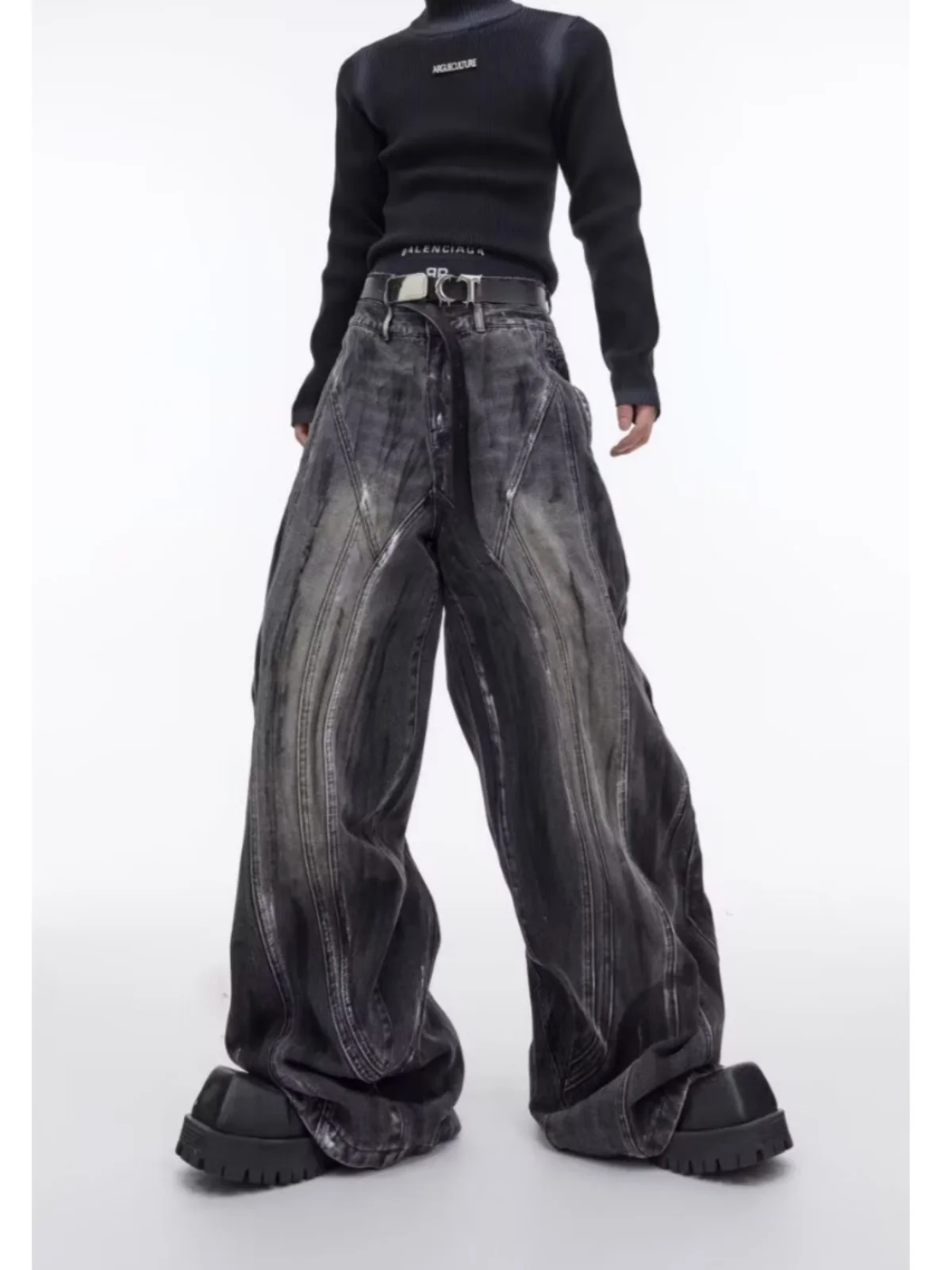 Originele zwaargewicht gedistilleerde losse jeans met wijde pijpen, handgeschilderd ontwerp, casual broek met hoge taille, jeugdfaion, rechte pijpen