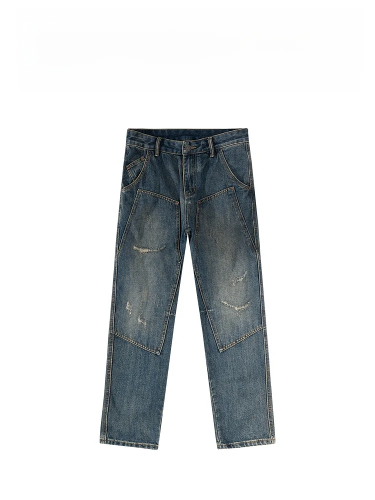 

BAIRBAOLIY Retro American Luxury Men's Jeans Distred Patchwork Waed Versatile Cone aped Casual Straight Leg Jeans