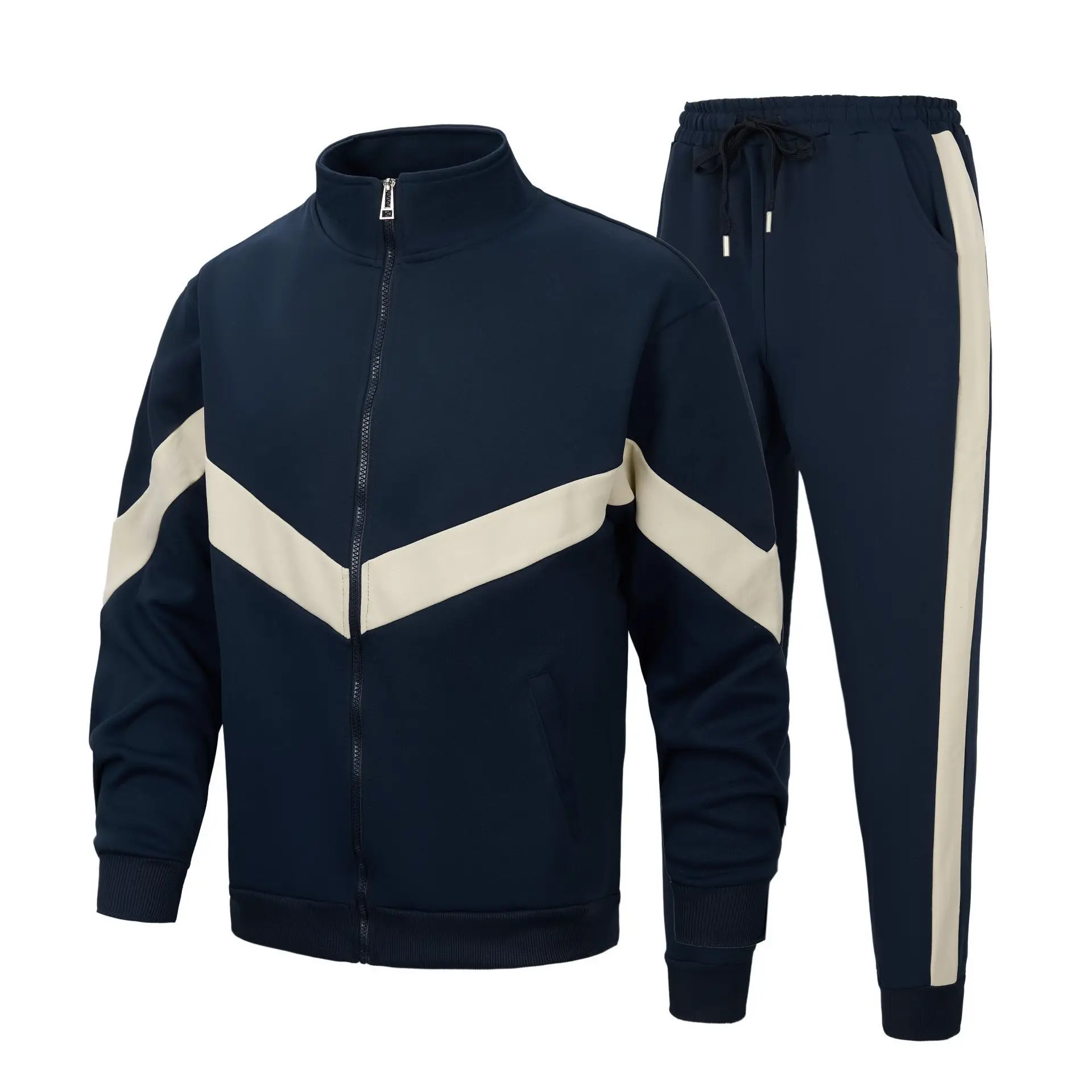 

2026 Men's Autumn and Winter New Youth Contrasting Color Splicing Stand-up Collar Sports Suit Casual Loose Two-piece Set