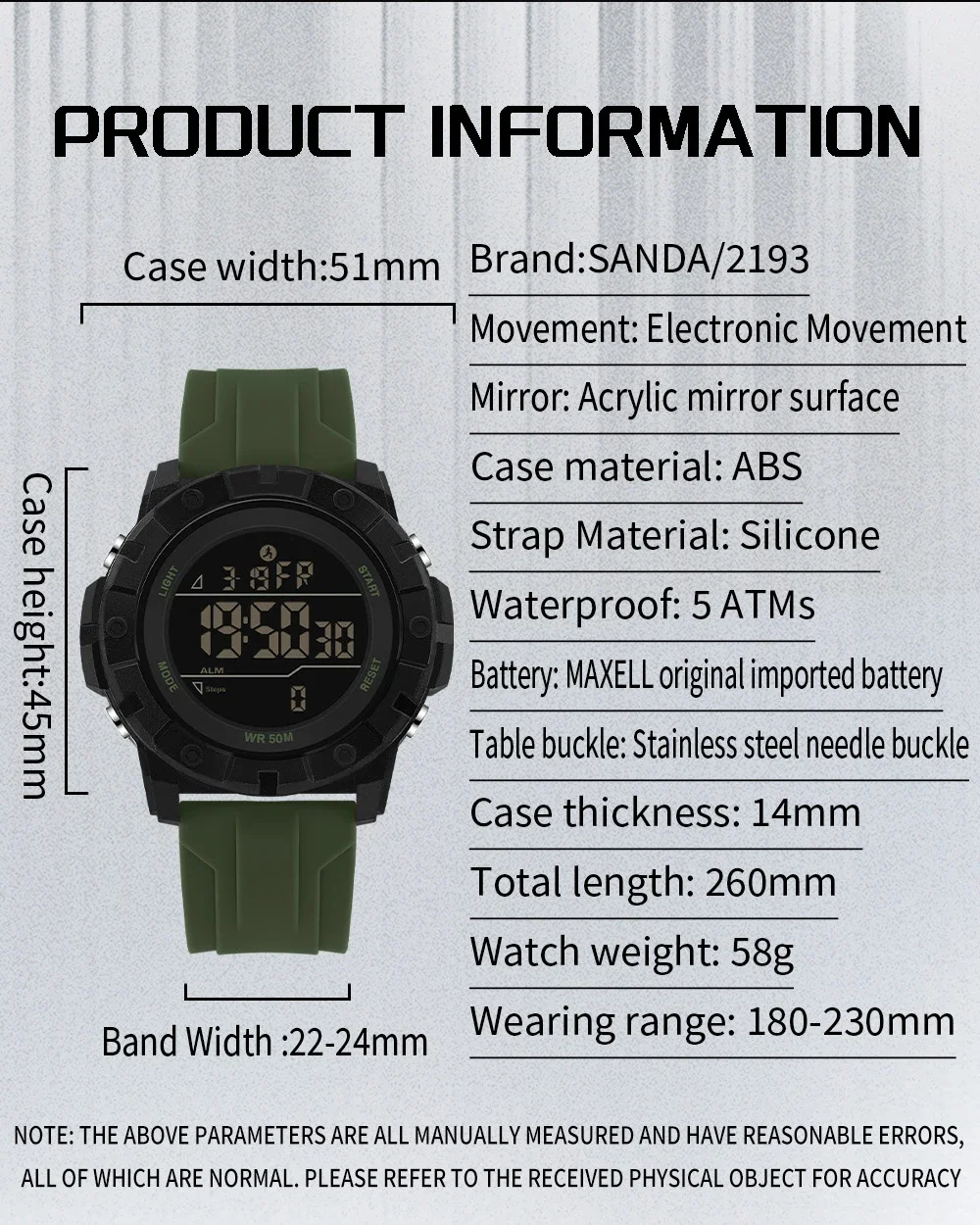 Fashion SANDA 2193 Men's Military Sports Watch Calorimeter Waterproof LED Countdown Alarm Student Digital Watch