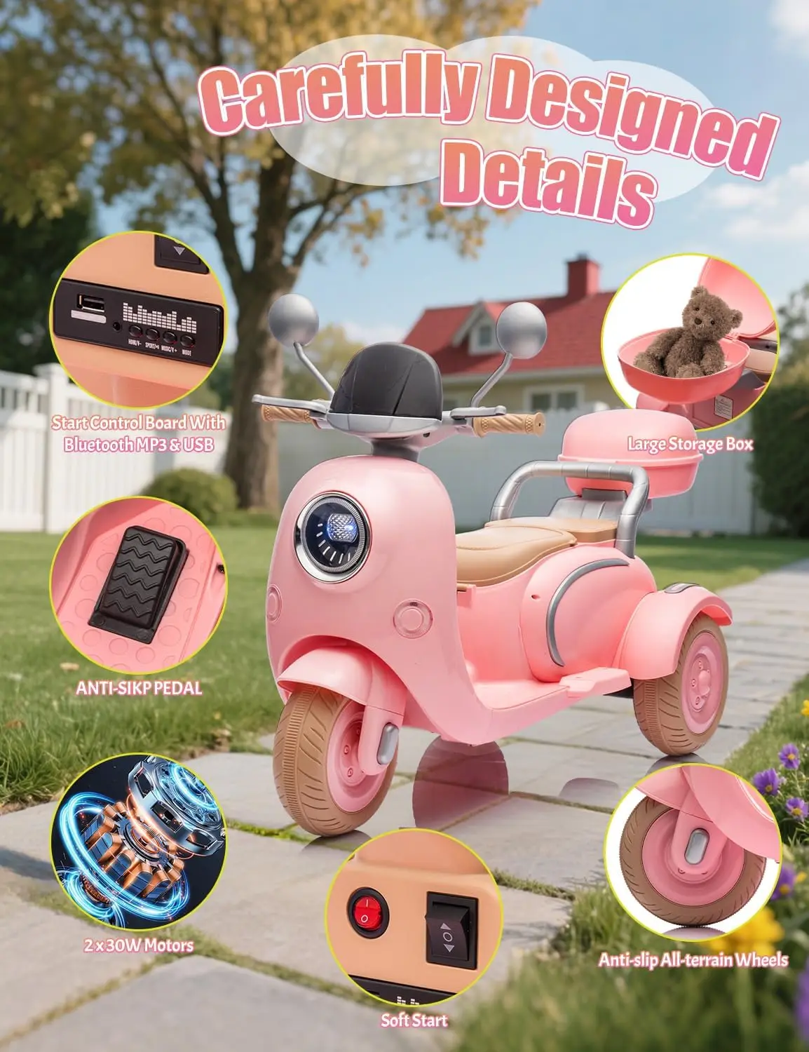 12v crianças motocicleta elétrica bicicleta elétrica para criança 3-6 3 rodas passeio na scooter com usb, bluetooth, luzes 2 assentos motor duplo