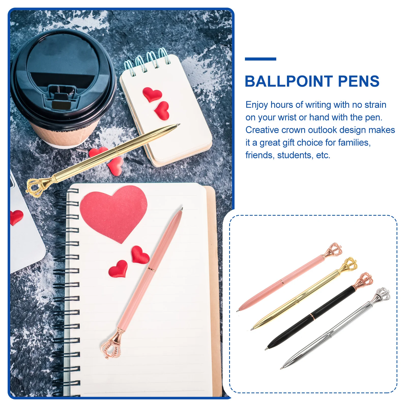 

4Pcs Metal Ballpoint Pen Crown Shape Writing Stationery Smooth Gliding Ink No Strain on Hand Gift for Families Friends