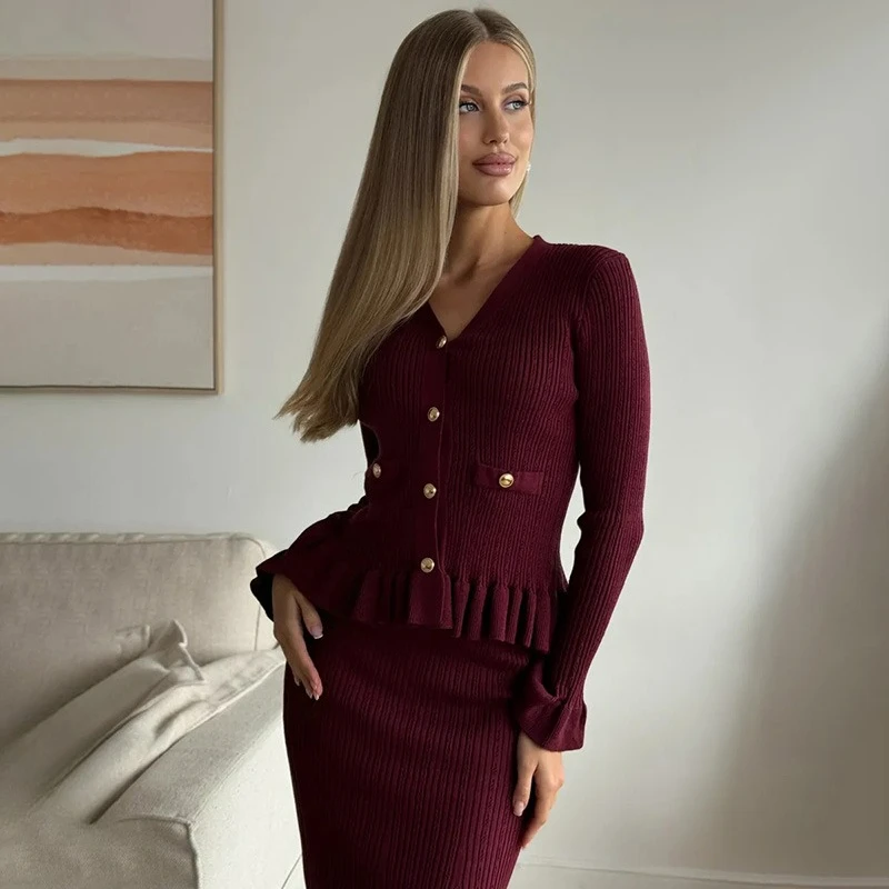 티켓엑스 브이넥 니트 드레스 세트 우아한 버튼 러플 스크류 스레드 패치워크 롱 드레스 세트 빈티지 오피스 레이디 스트리트 드레스 세트