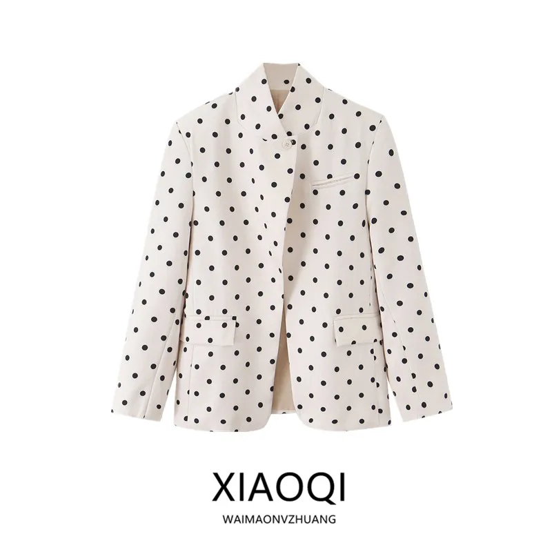 Casual Polka Dot Stand Collar Wide Fit Suit Jacket for Women Autumn 2026 Fashion Trend Loose Style Long Sleeve Button Closure