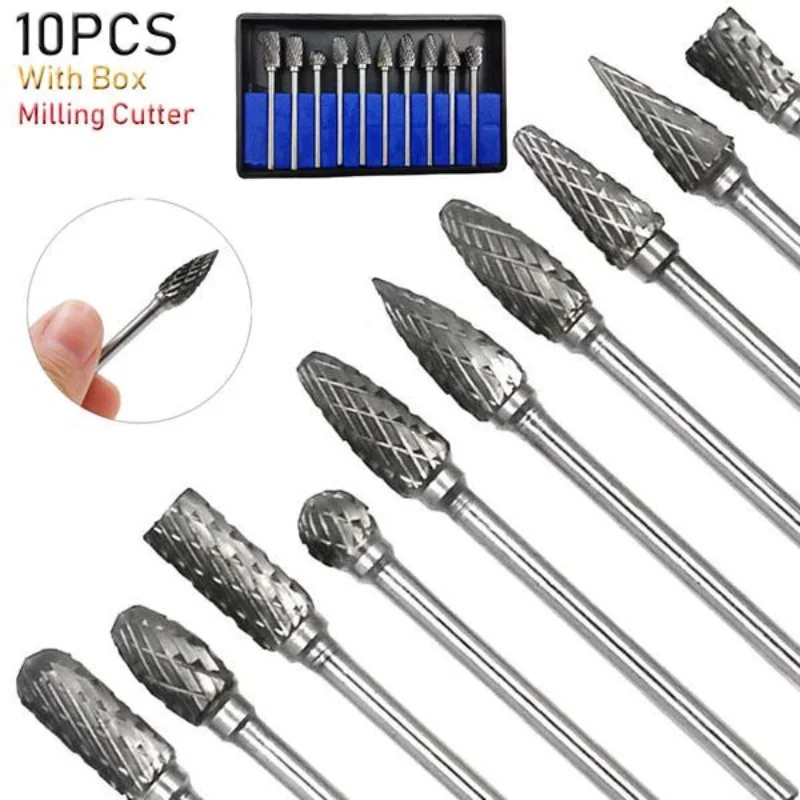 10 PCS Tungsten Carbide Steel Rotary File Set Grinders Accessories Burr Woodworking Milling Cutter Titanium Plated Engraving Set