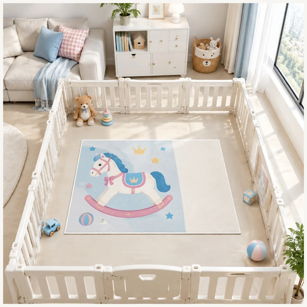 VIKAMA Kids Play Macaron Pink Blue Rocking Horse Flannel Door Mat, Thickened Memory Foam Mat, Home Decor for Home, Entryway