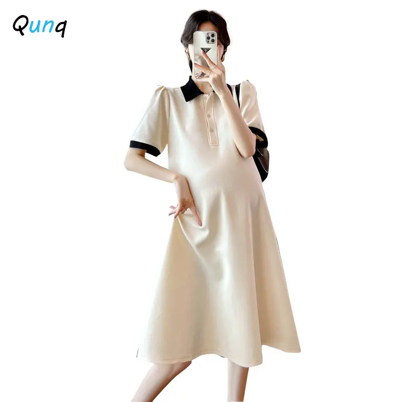 Qunq Summer New Pregnancy Clothes Women Turn-Down Collar Short Sleeve Splicing Loose Dress Casual Maxi Dress Maternity Dresses