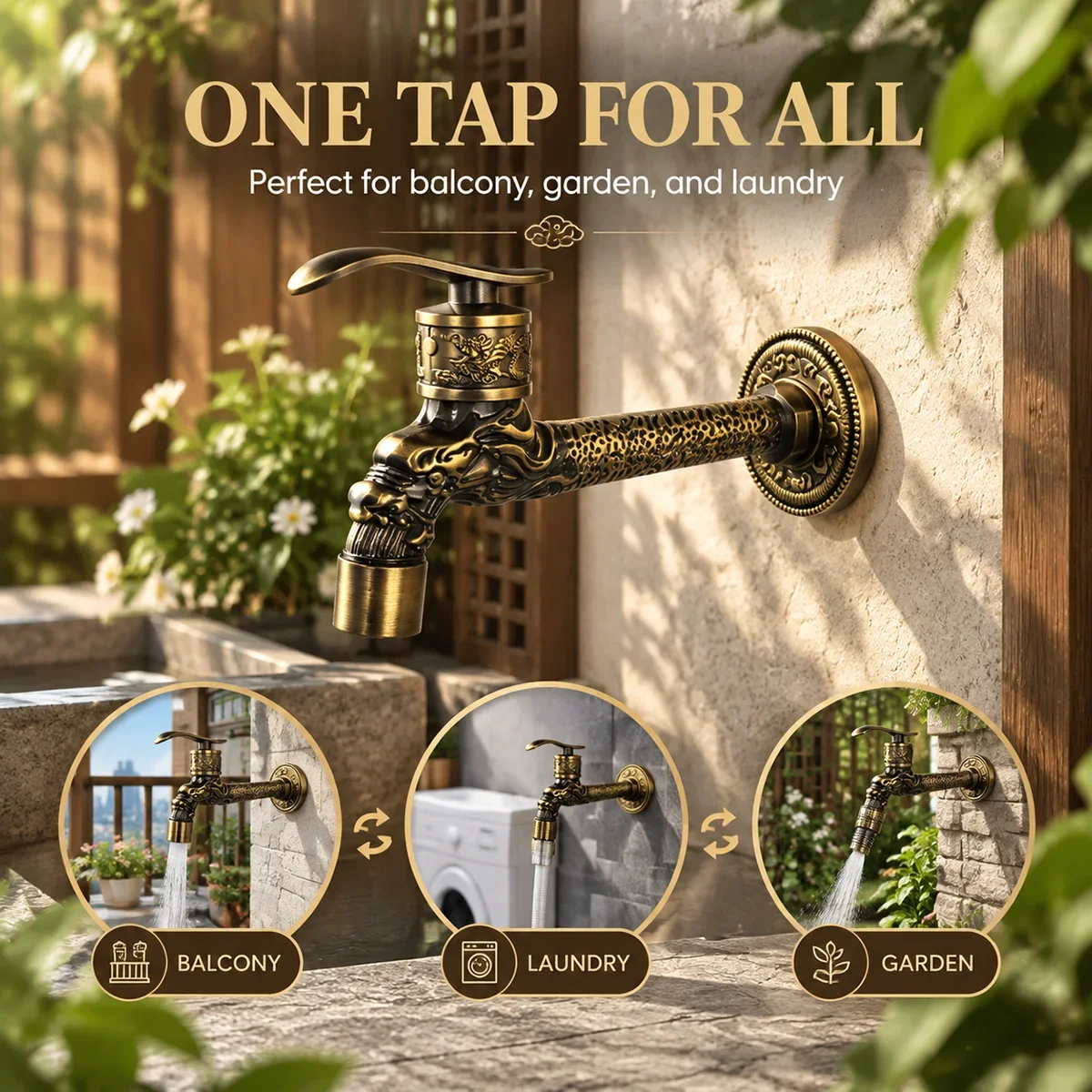 Green antique copper dragon carved wall mounted faucet carved flower single cold quick opening faucet courtyard homestay mop poo