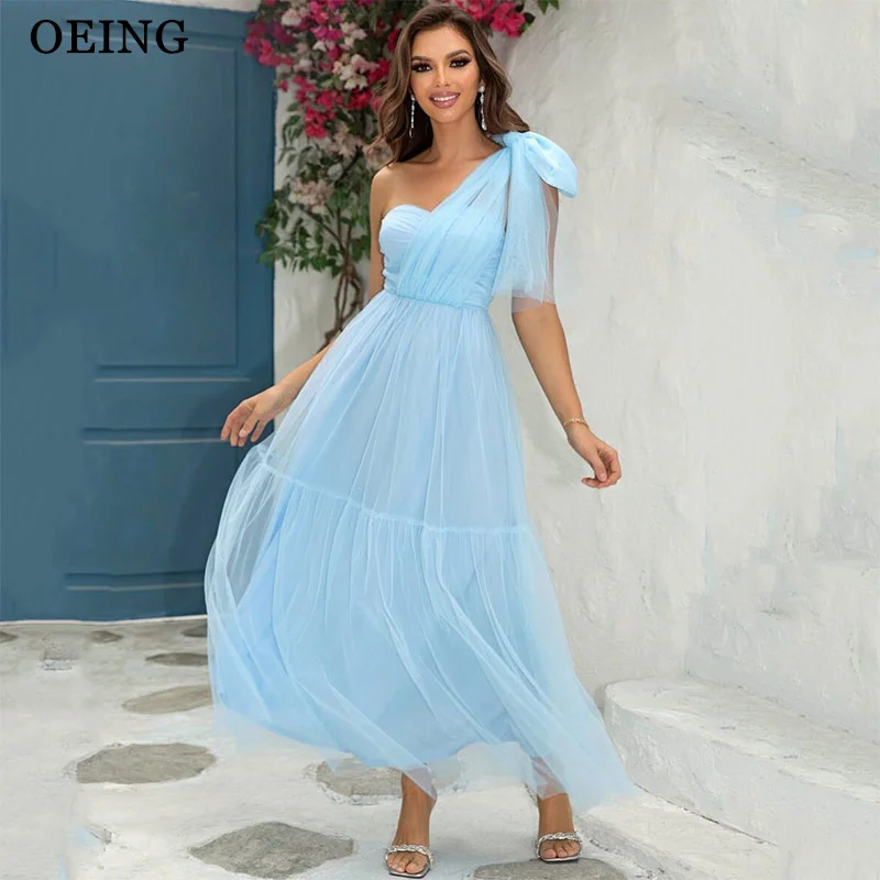 

OEING Light Blue A-Line Princess Prom Dresses One Shoulder Tiered Clash Sleeveless Party Gown Ankle Length Soft Tulle Customized