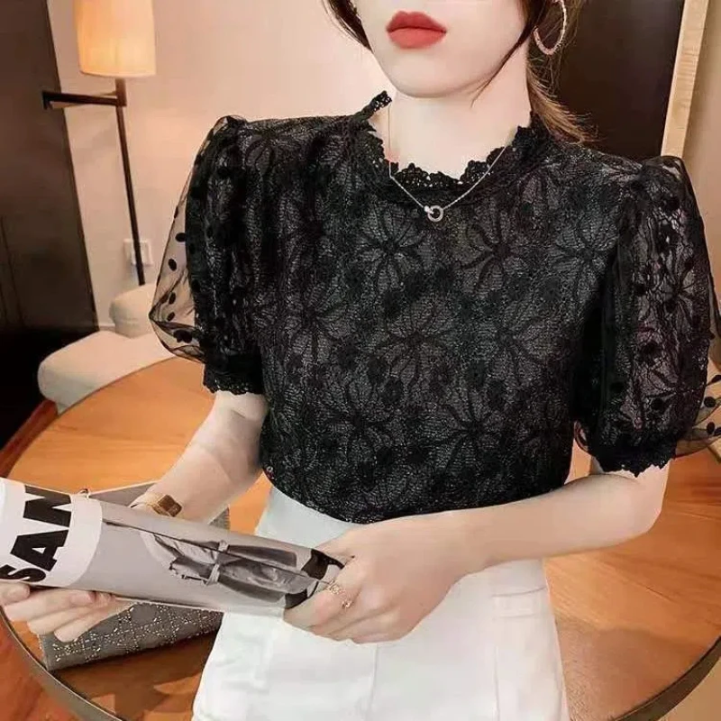 Korean Fashion Summer New Women\'s Solid O-Neck Lace Hollow Out Puff Sleeve Simplicity Versatile Loose Short Sleeve T-Shirts Tops