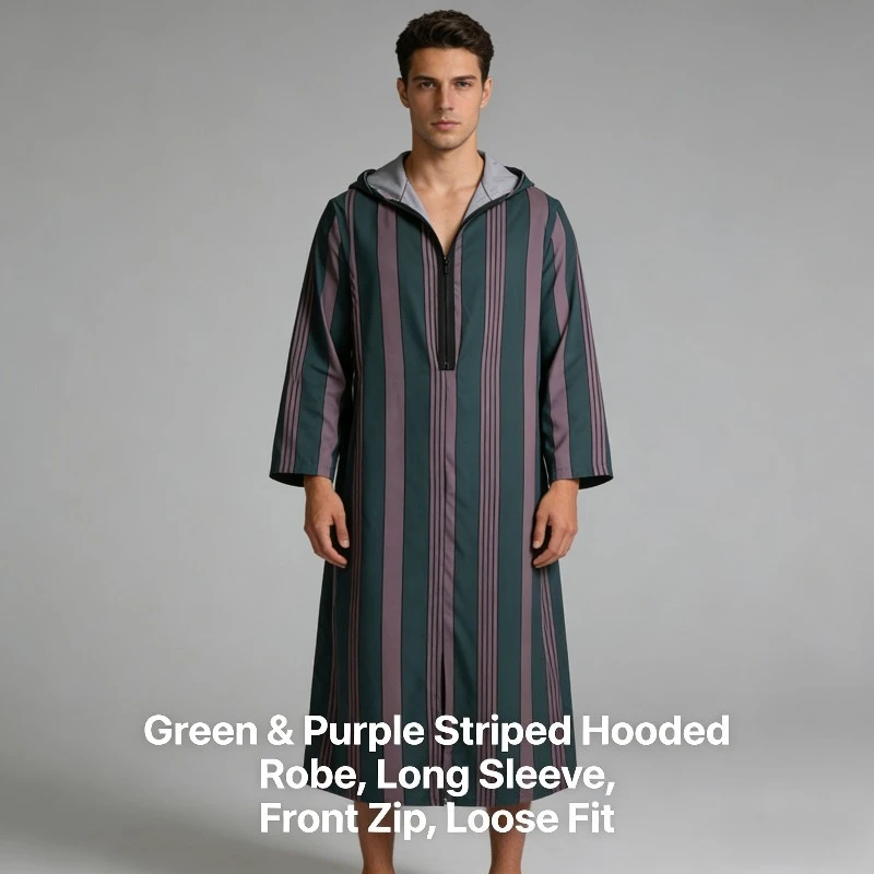 2026 Autumn New Color-block Striped Long Muslim Robe Hoodie