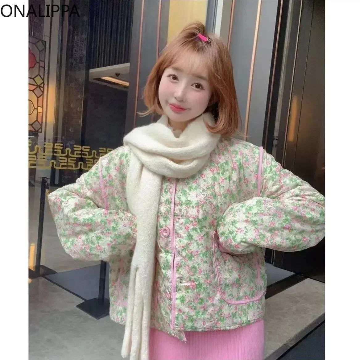 Onalippa Small Fragrance Contrast Floral Quilted Coat Sweet Gentle Wind All Match Jackets for Women Korean Loose Kawaii Jacket