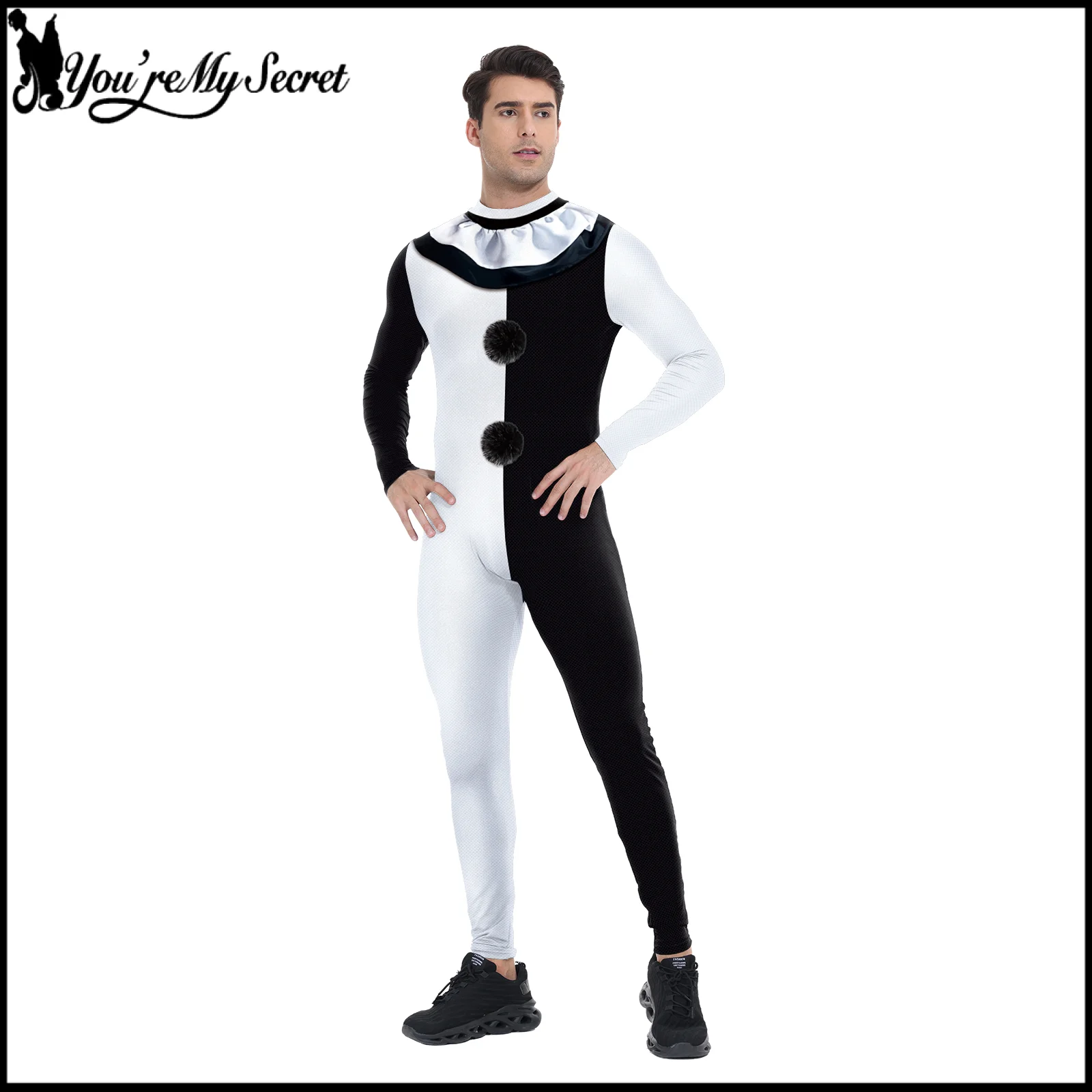 [You're My Secret] 3D-Druck-Jumpsuit Schwarz-Weiß Clown Cosplay Kostüm Damen Joker Bodysuit Karneval Zentai Lustiges Outfit
