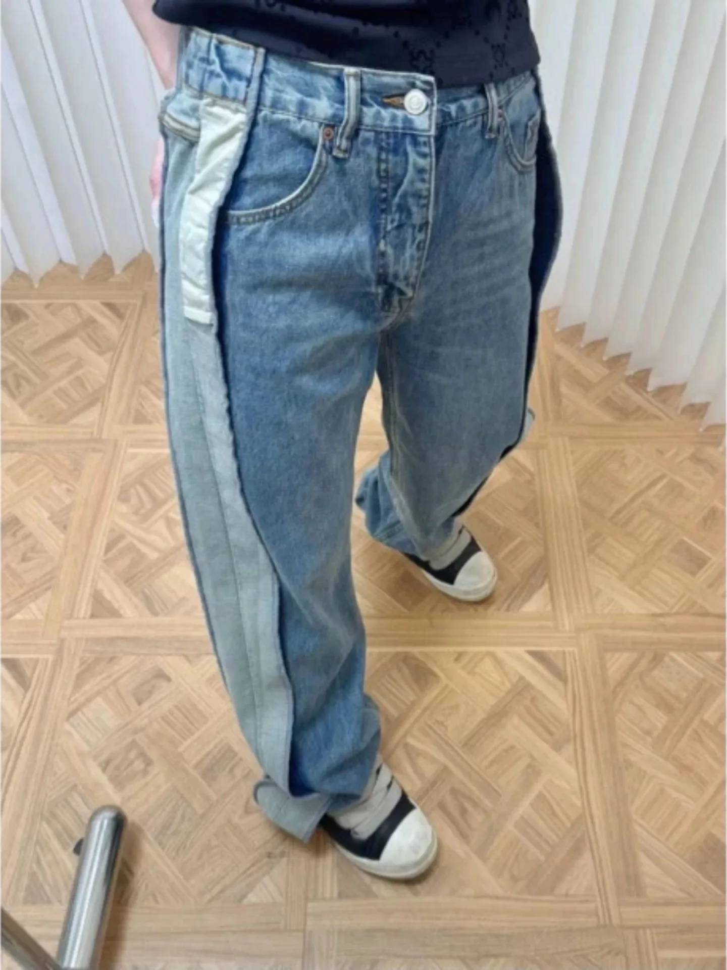 American Retro Patchwork Design Star Straight Leg Pants Loose Casual Patch Color Deconstructed Style plus Size Loose Slimming...