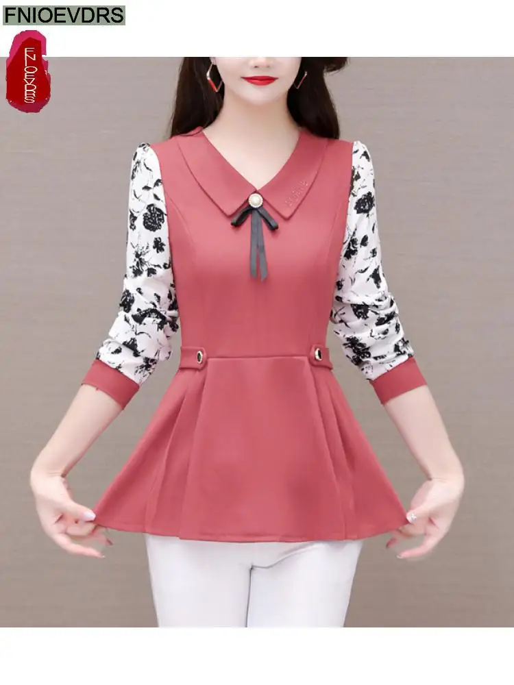 2022 Autumn Spring Basic Shirt Tunic Top Women Long Sleeve Elegant Office Lady Peter Pan Collar Belly Pink Peplum Top Blouses