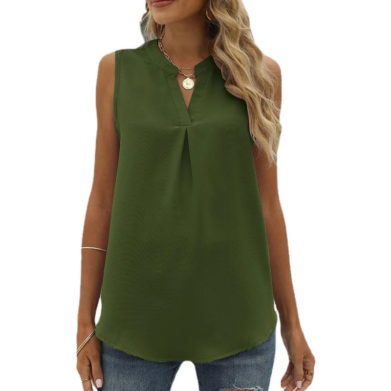 

Women's Shirt Spring Summer New Solid Chiffon Loose V-neck Blouse Sleeveless Top Fashion Elegant Casual Female Clothing