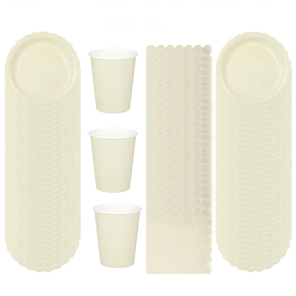Off White Biodegradable Paper Tableware Set for Weddings and Engagements Decoration for Children Birthday Parties baby Shower