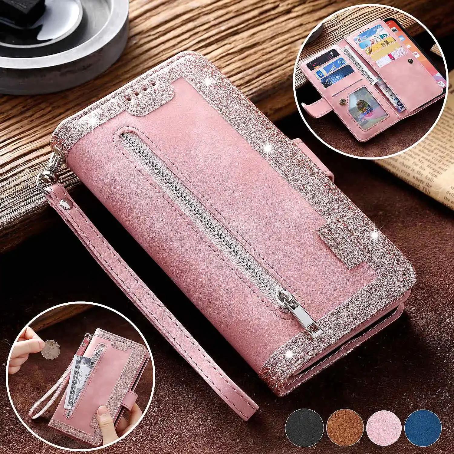 9 Card Slots Zipper Wallet Case for iPhone 15 Pro Max 15 Pro 15 Plus iPhone 15 14 13 12 11 XR 6 7 8 SE PU Leather Flip Cover