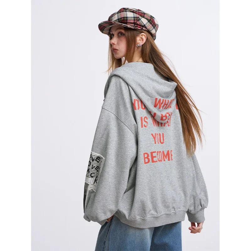 ELFSACK Vintage Zip Up Hoodie ,  Oversized Photo Patch Sweatshirt Jacket, Harajuku Aesthetic Grey Casual Coat