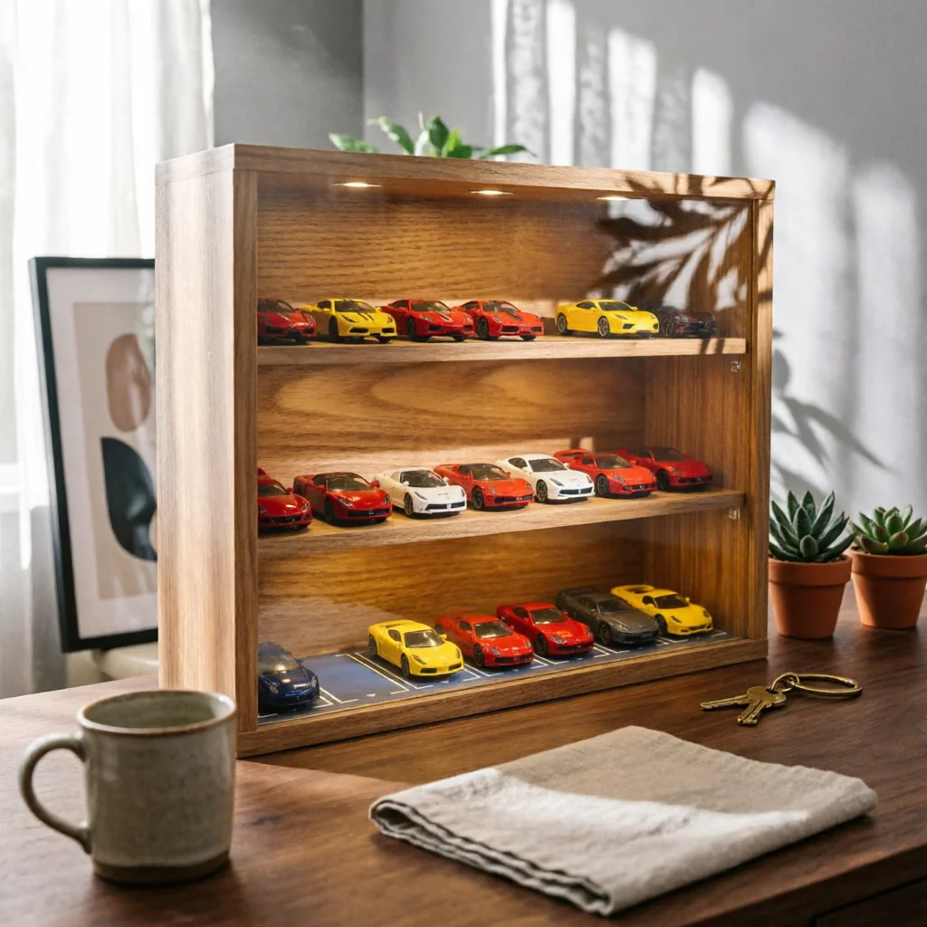 

Model Car Display Case Three-Tier Parking Display Cabinet Model Parking Cabinet Illuminated Mini Car Showcase Clear Front Cover