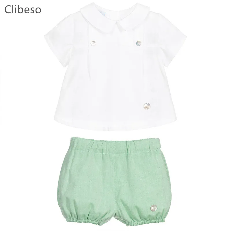 Baby Boy Summer Outfits Infant Baptism Birthday Clothes Set Toddler White Shirt Green Shorts  Baby Spanish Boutique Clothing