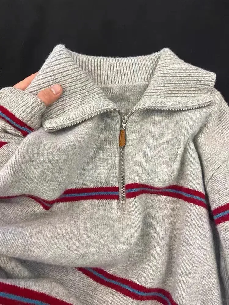 High-end 100% pure cashmere sweater women's soft waxy half zip striped lapel sweater loose thick knit base