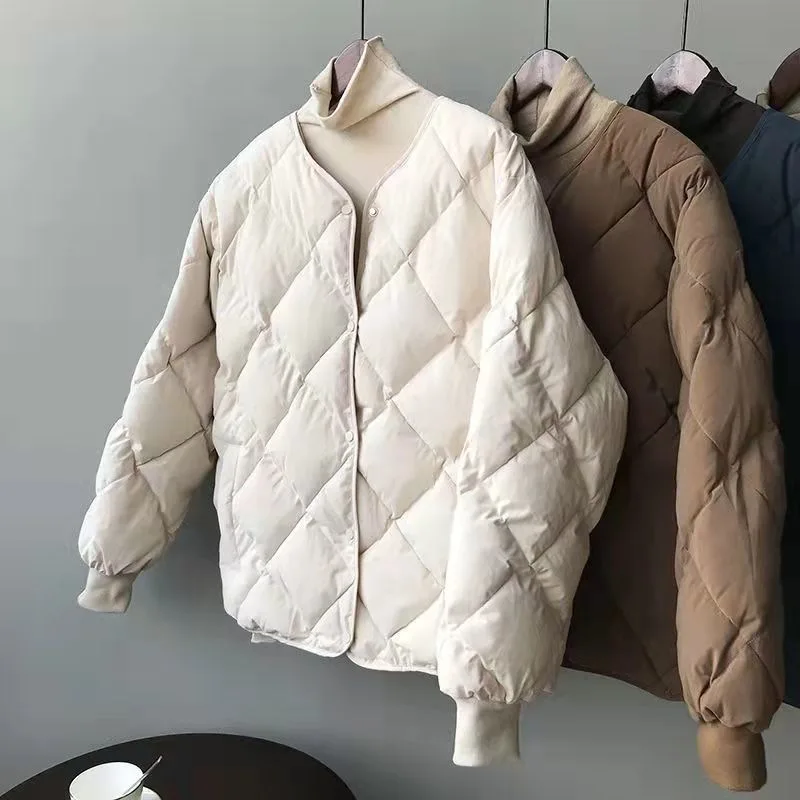 Women Cotton-Padded Jackets Autumn Winter Plaid Solid Loose Coats Simple Korean Lightweight Female Quilted Jacket Outerwear