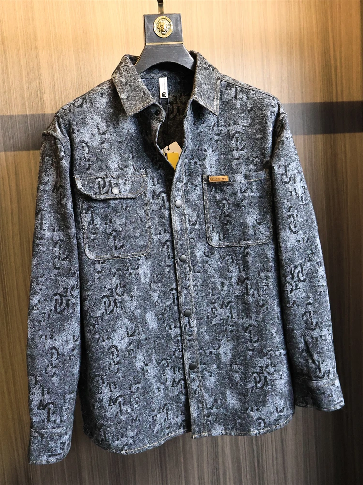 Washed Floral Print Denim Jacket American Style Vintage Loose Fit Collar Men's Fashionable Autumn Outerwear Breathable Cotton