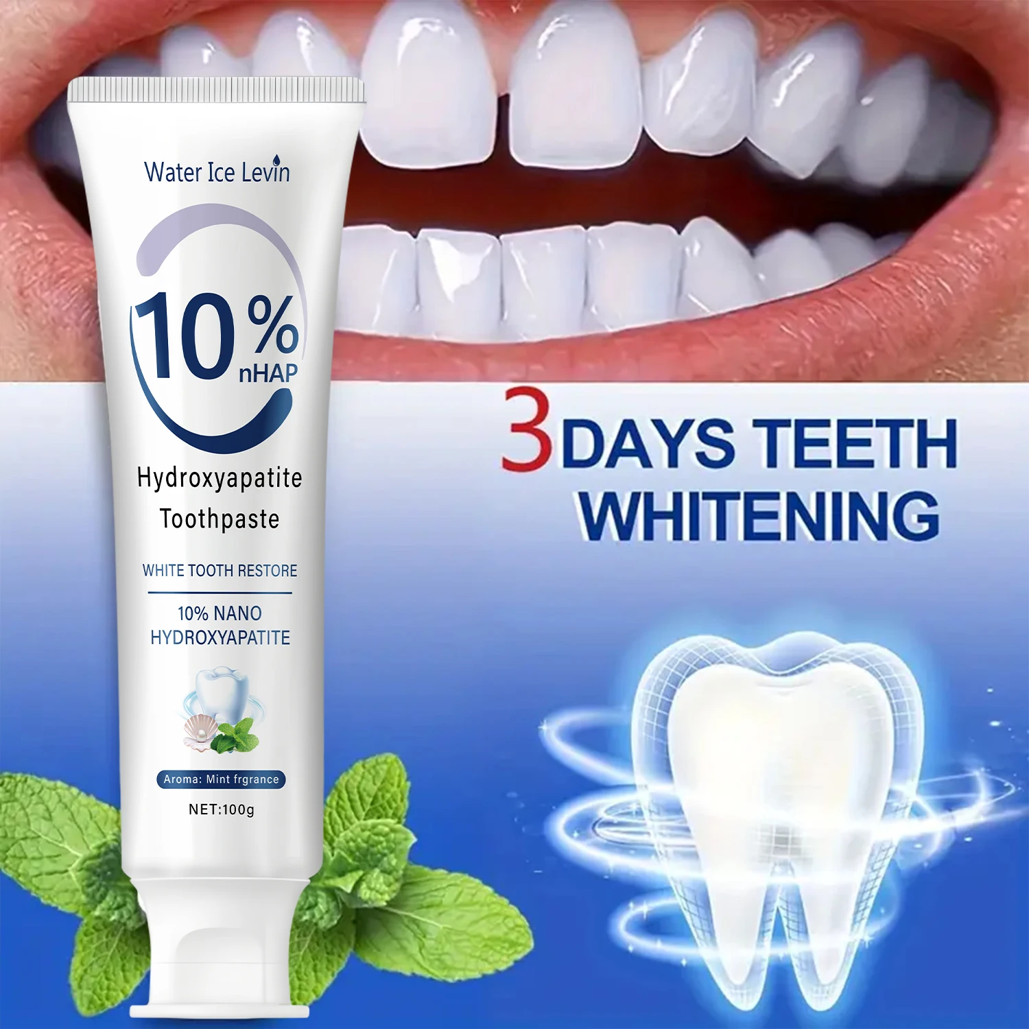 Water Ice Levin 10% NHAP Hydroxyapatite Toothpaste Mint Flavor 3 Days Whitening Restore White Teeth Daily Oral Care 100g