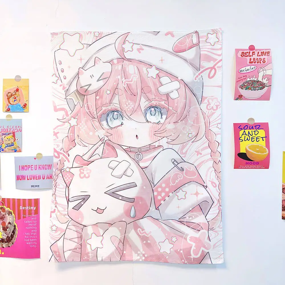 Kawaii Anime Girl Tapestry Sweet Dessert Print Wall Hanging for Bedroom Aesthetic Decor Background Cloth
