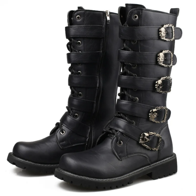 Winter Men's Leather Motorcycle Boots Punk Chain Mid-calf Platform Boots Gothic Military Combat Boots for Men Biker Boots Men