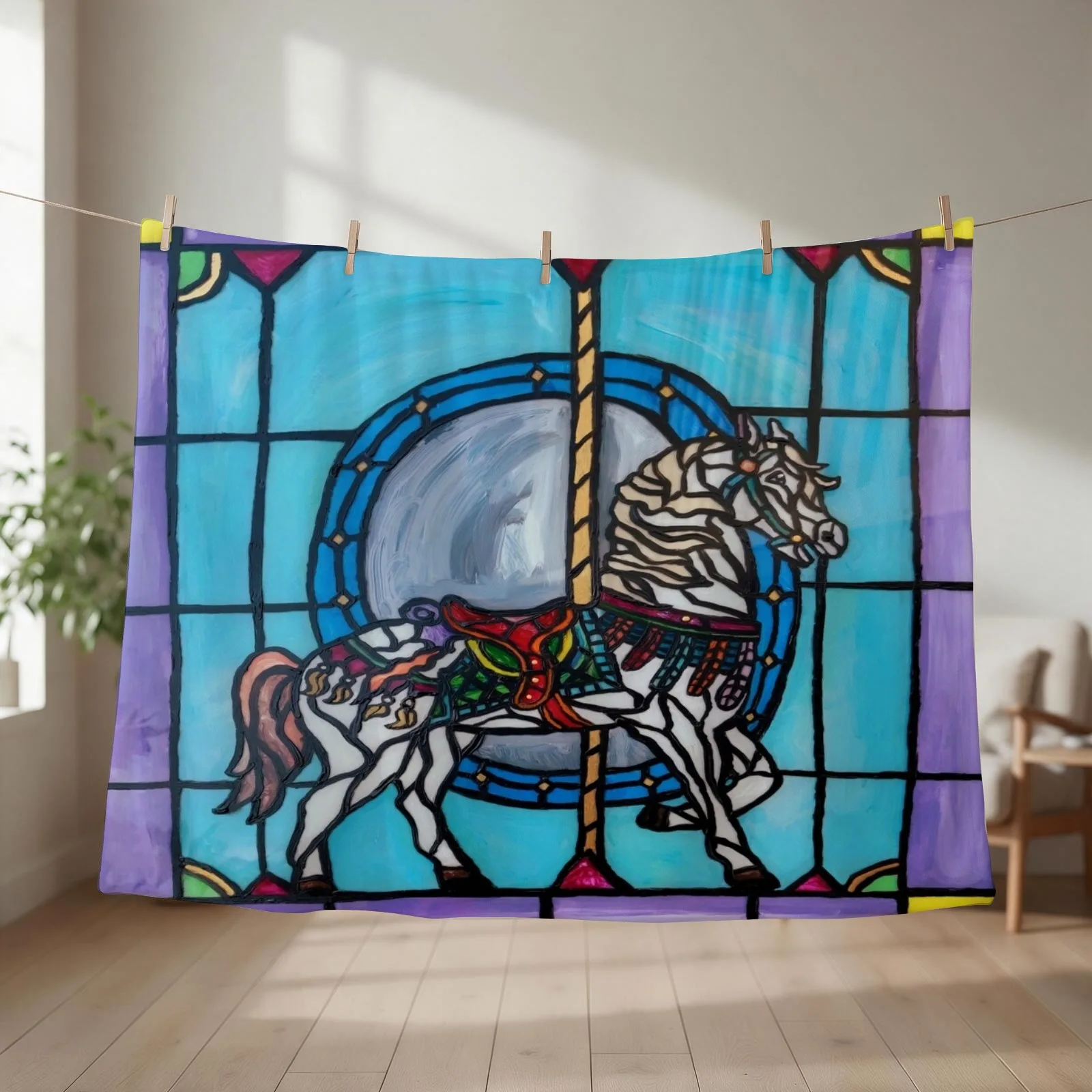 Stained Glass Carousel Horse Throw Blanket Multi-Purpose Blankets For Baby Moving Decorative Throw Blankets