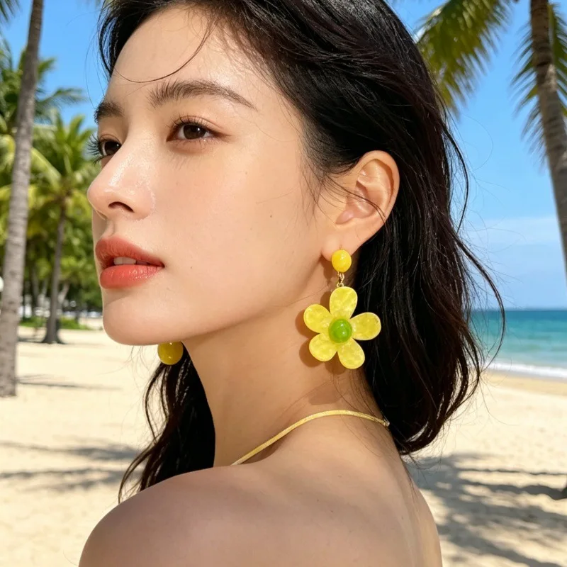 Vibrant Acrylic Floral Stud Earrings Oversized Color Block Beach Vacation Lightweight Comfortable Daily Jewelry for Women