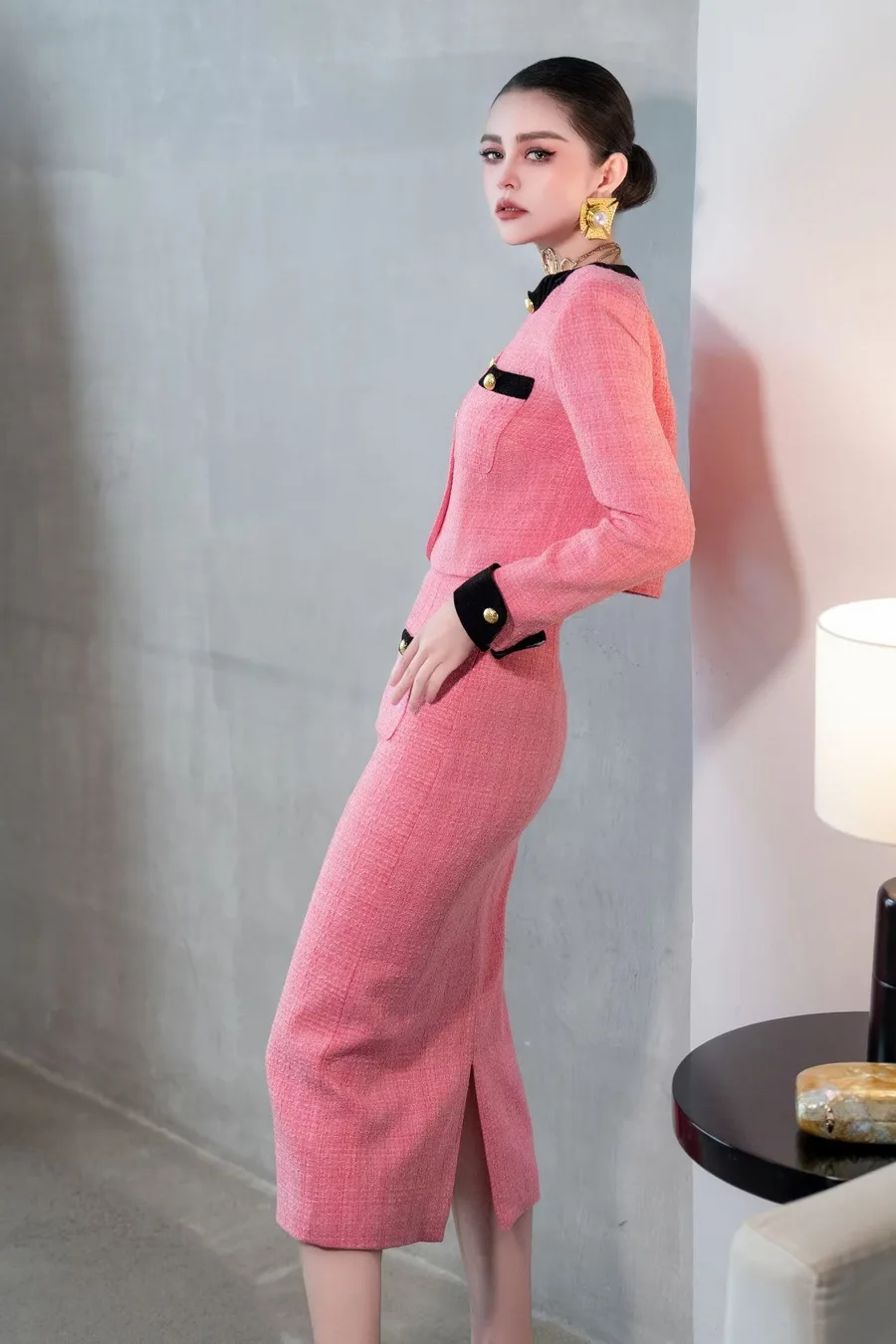 ZJYT Autumn Winter Tweed Woolen Jacket Suit with Skirt Two Pieces Womens Outfit Pink Elegant Long Sleeve Party Dress Sets Female