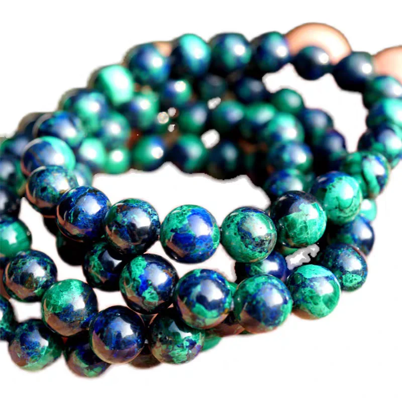 Genuine Natural Blue Malachite Azurite Bracelet Chrysocolla Round Beads Gemstone Rare Women Men Jewelry AAAAAA