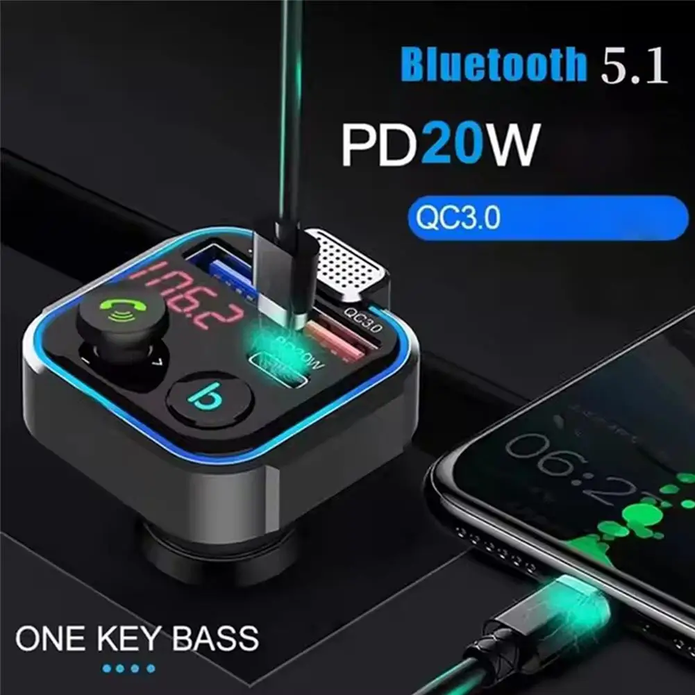 Car Hands-free Bluetooth 5.0 FM Transmitter Car Kit Receiver QC3.0 Audio Modulator Player 2 USB Handsfree 20W MP3 E7K2