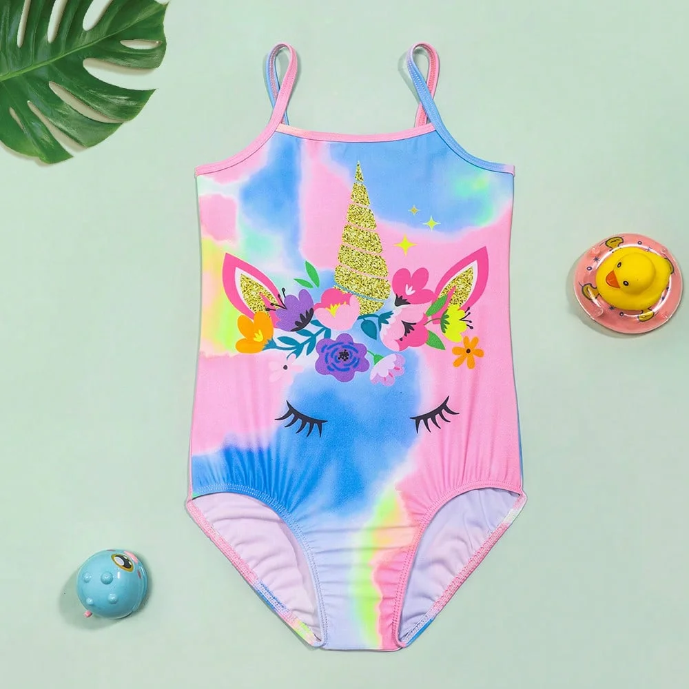 1pc Summer Girls Rainbow Tie Dye Unicorn One Piece Swimsuit, Glitter Horn Floral Print Thin Strap Bathing Suit, Dreamy Beach Out