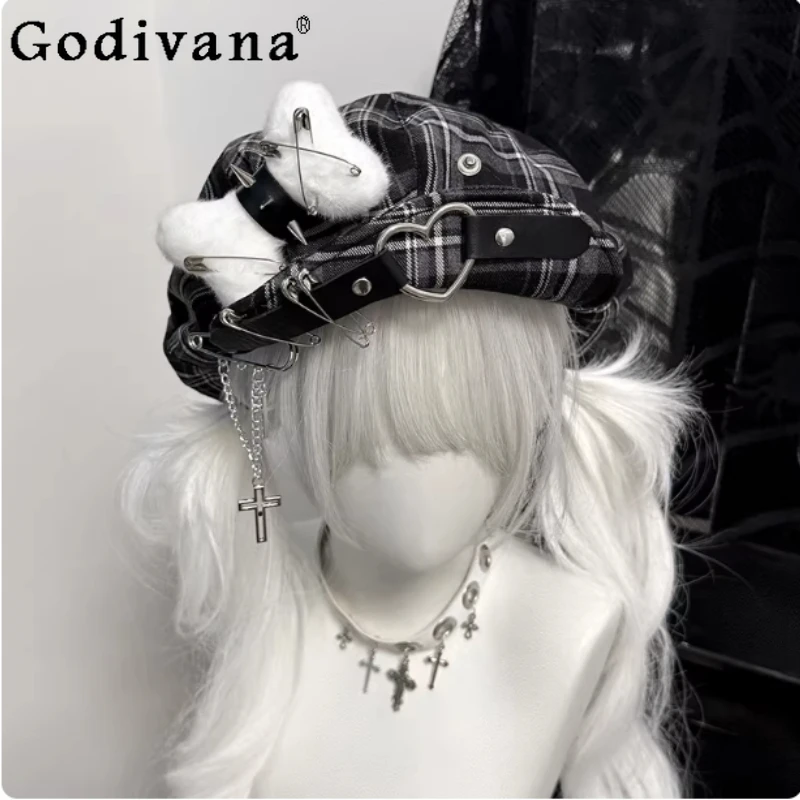 Personalized Subculture Metal Plaid Sweet Cool Y2k Hat Fashion Versatile Age Reduction Dome Leisure Hats