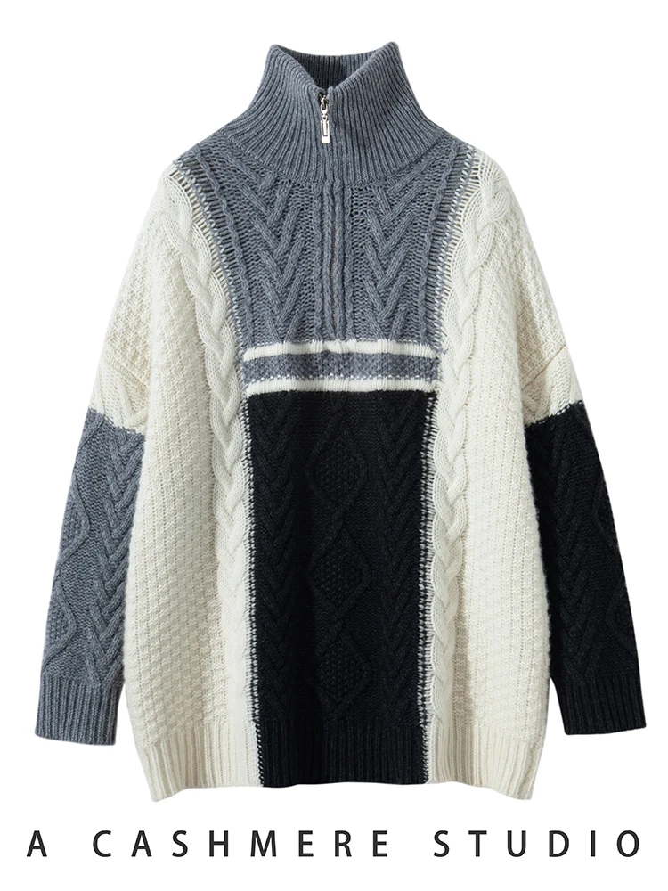 

Women's 100% Cashmere Sweater Color blocking Thick Zipper Turtlenock Pullover Autumn Winter Cashmere Knitwear High Quality Tops